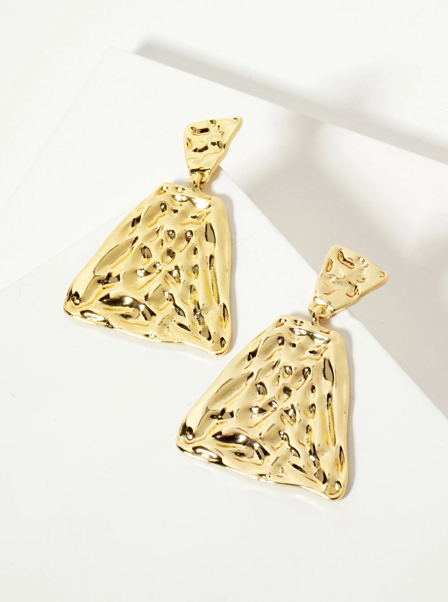 Polished Hammered-Texture Geometric Diamond-Shaped 18K-Gold-Dipped Brass Dangle Post Earrings