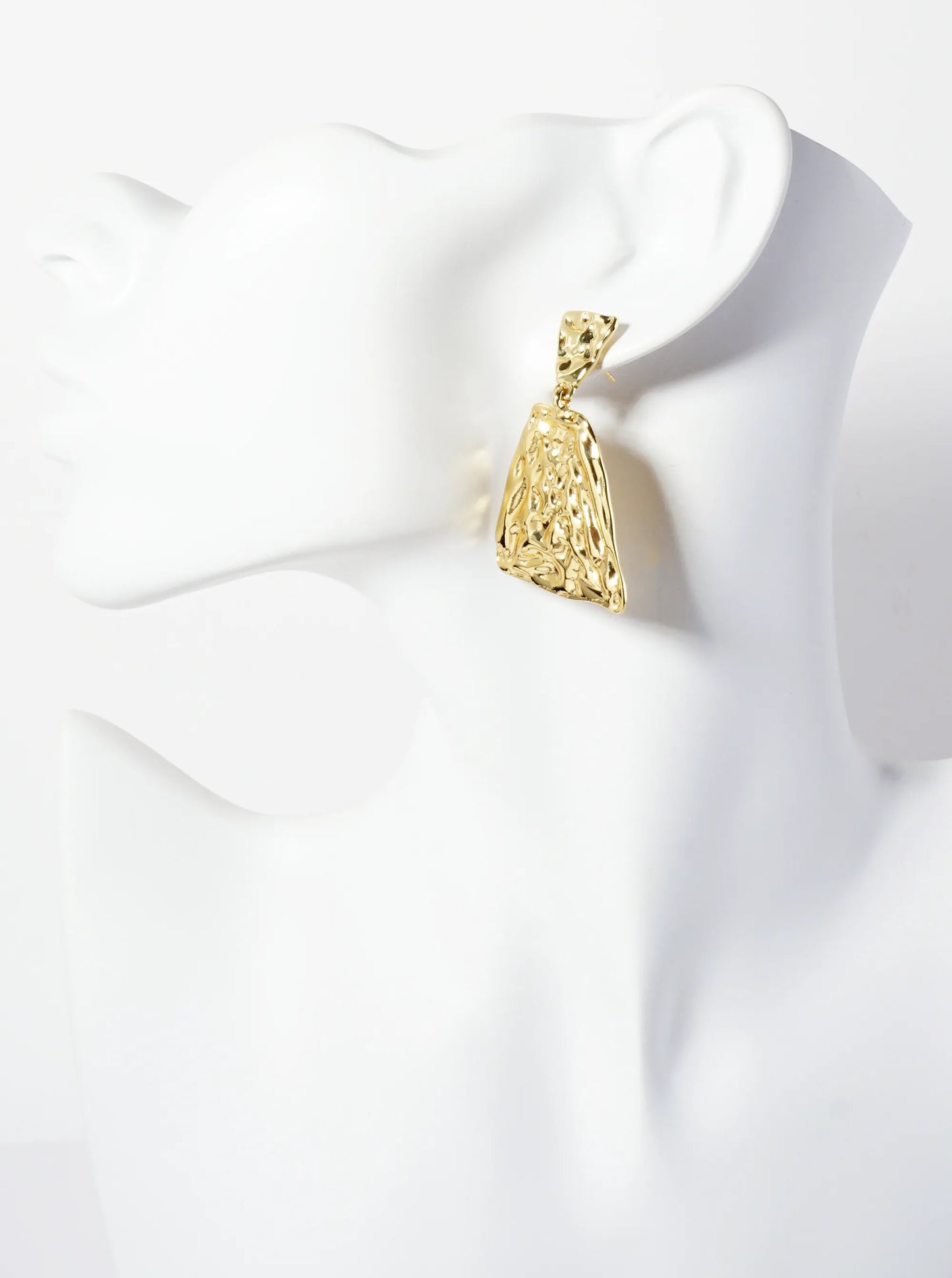 Polished Hammered-Texture Geometric Diamond-Shaped 18K-Gold-Dipped Brass Dangle Post Earrings