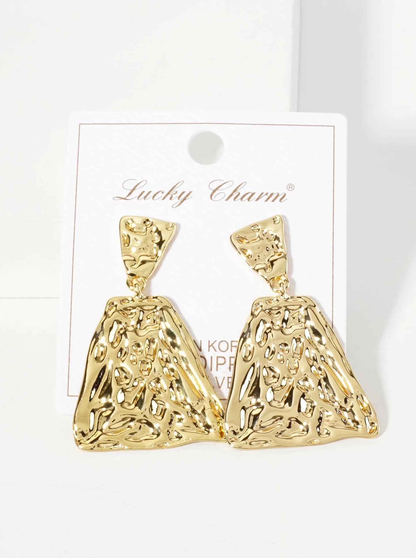 Polished Hammered-Texture Geometric Diamond-Shaped 18K-Gold-Dipped Brass Dangle Post Earrings