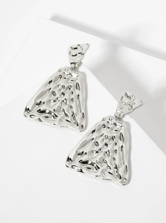 Polished Hammered-Texture Geometric Diamond-Shaped 18K-Gold-Dipped Brass Dangle Post Earrings