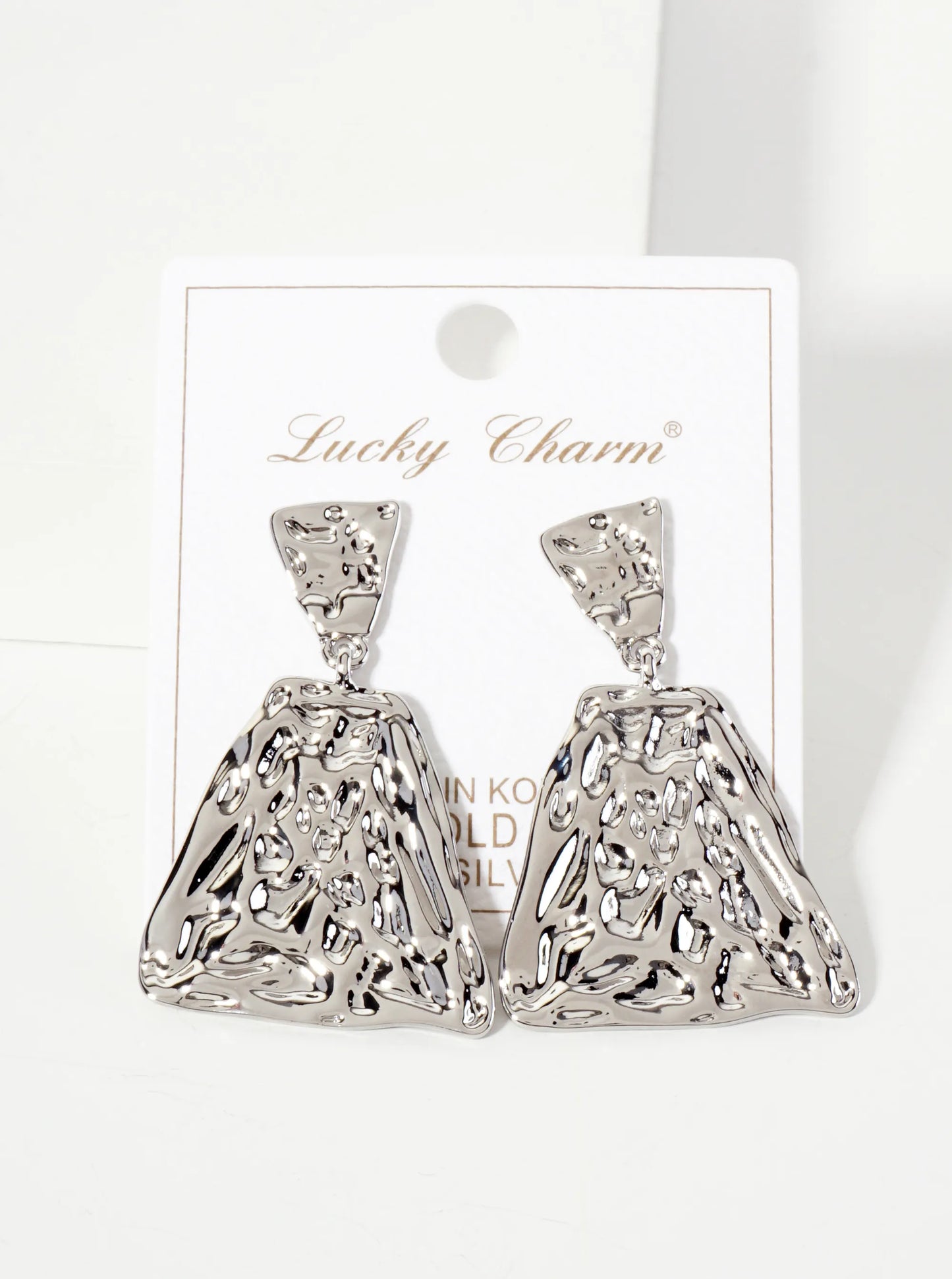 Polished Hammered-Texture Geometric Diamond-Shaped 18K-Gold-Dipped Brass Dangle Post Earrings