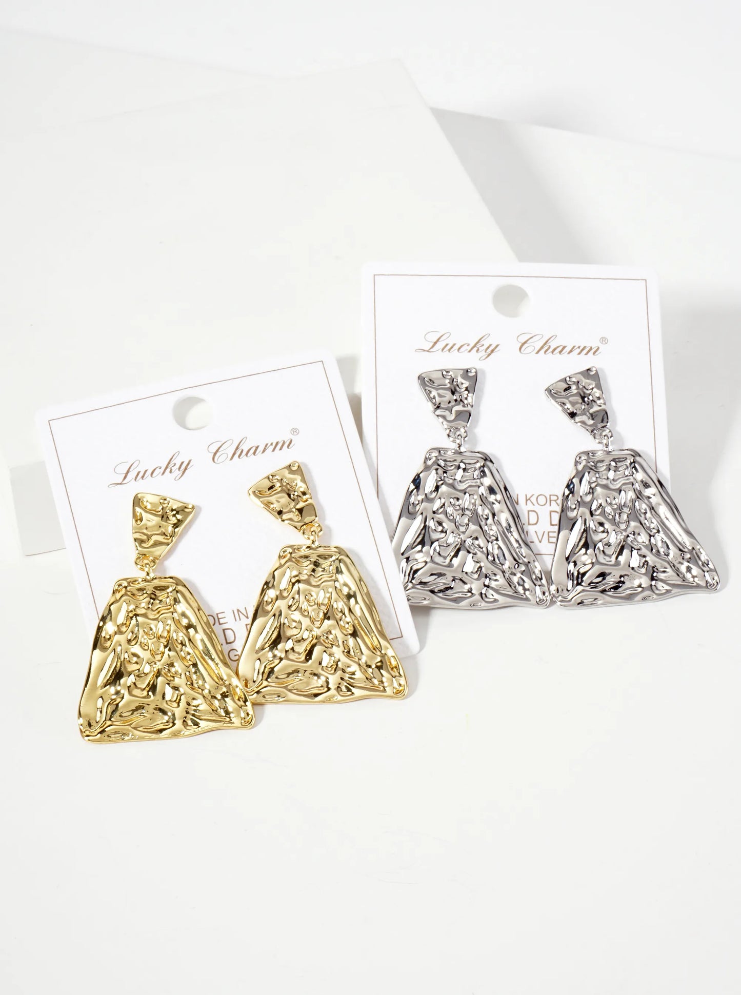 Polished Hammered-Texture Geometric Diamond-Shaped 18K-Gold-Dipped Brass Dangle Post Earrings