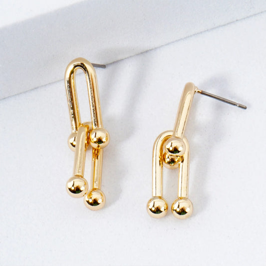 Polished Linked U-Shaped Chain Design 14K-Gold-Dipped Brass Earrings