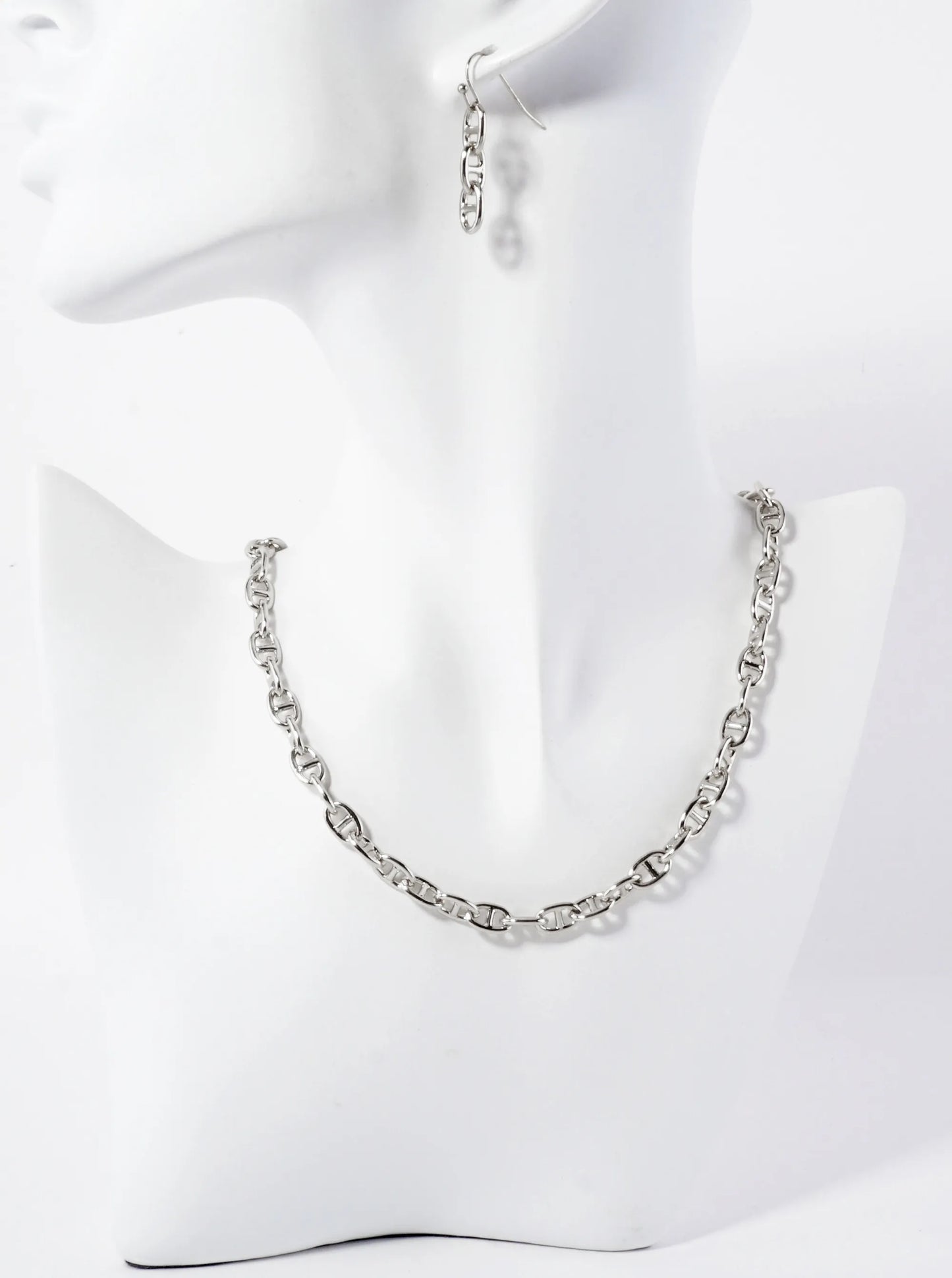 Polished Metal 10mm Mariner-Chain Necklace Set-with-Earrings
