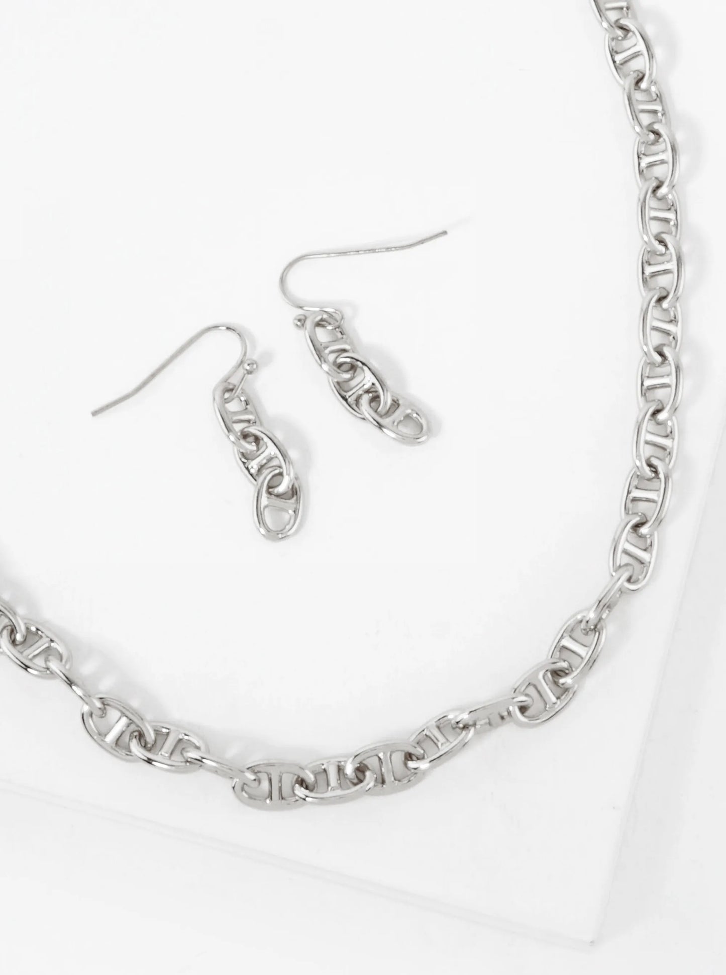 Polished Metal 10mm Mariner-Chain Necklace Set-with-Earrings