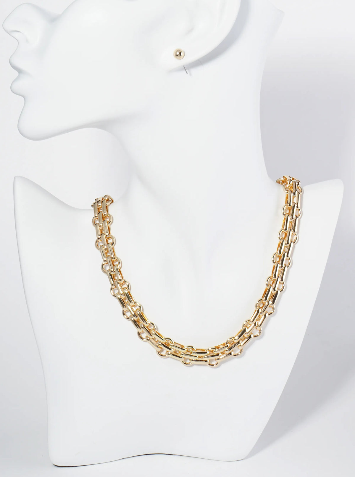 Polished Metal 16 Inch Link Chain Necklace Set With Earrings