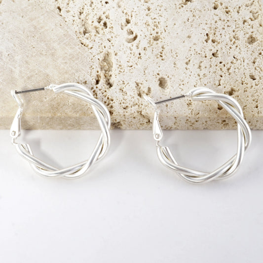 Polished Metal 25mm Twist Omega-Back Hoop Earrings