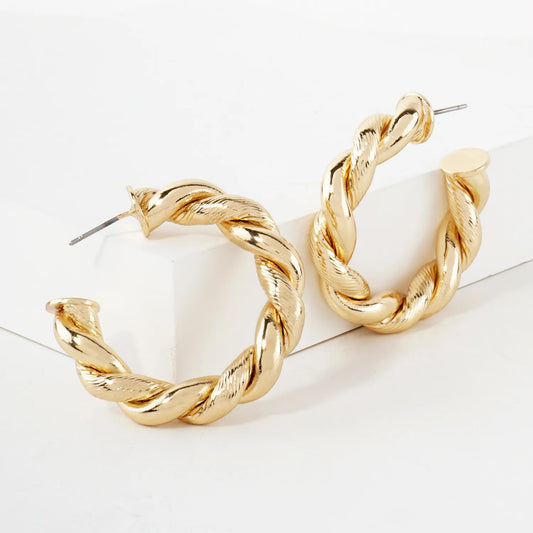 Polished Metal 35mm Twist Push-Back Hoop Earrings