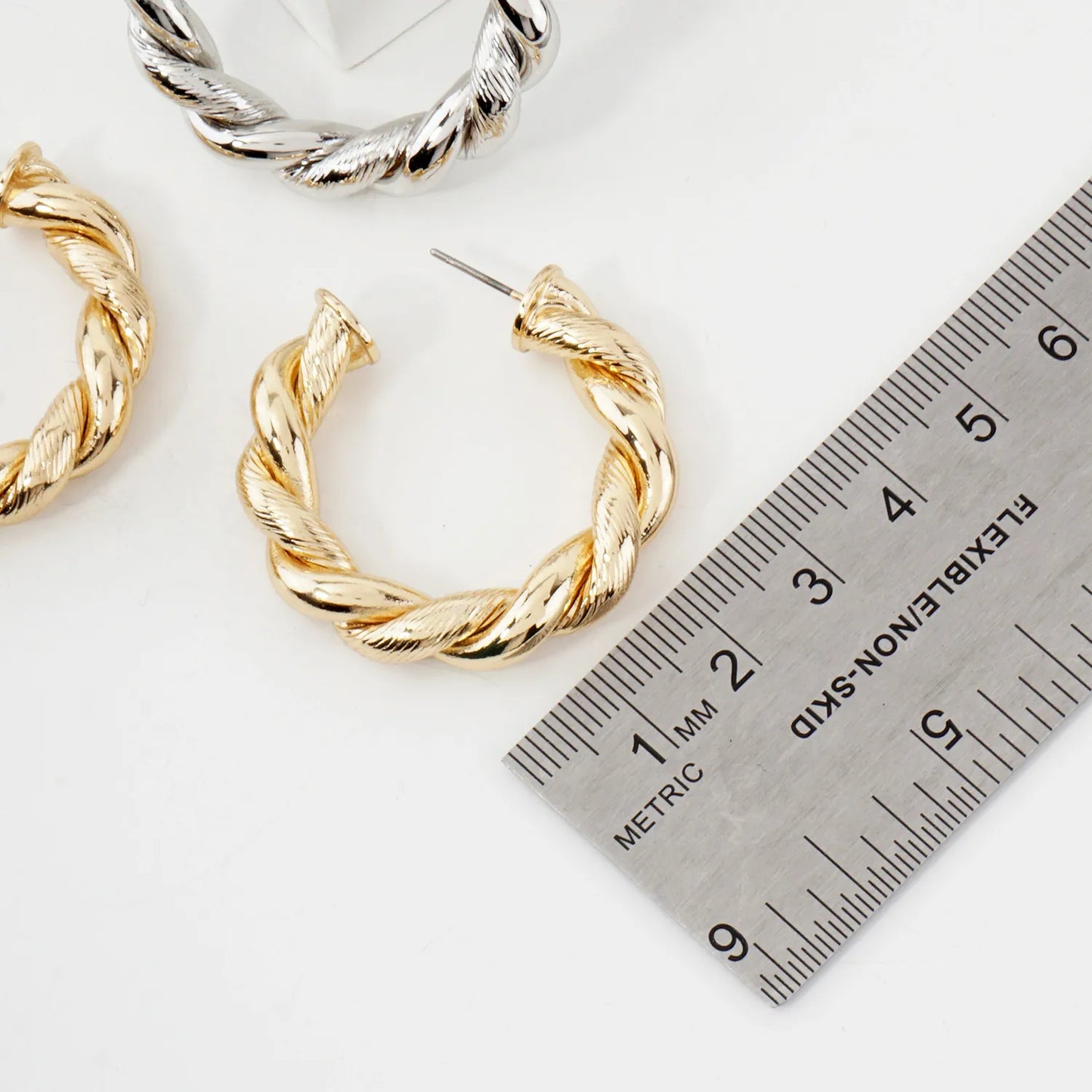 Polished Metal 35mm Twist Push-Back Hoop Earrings