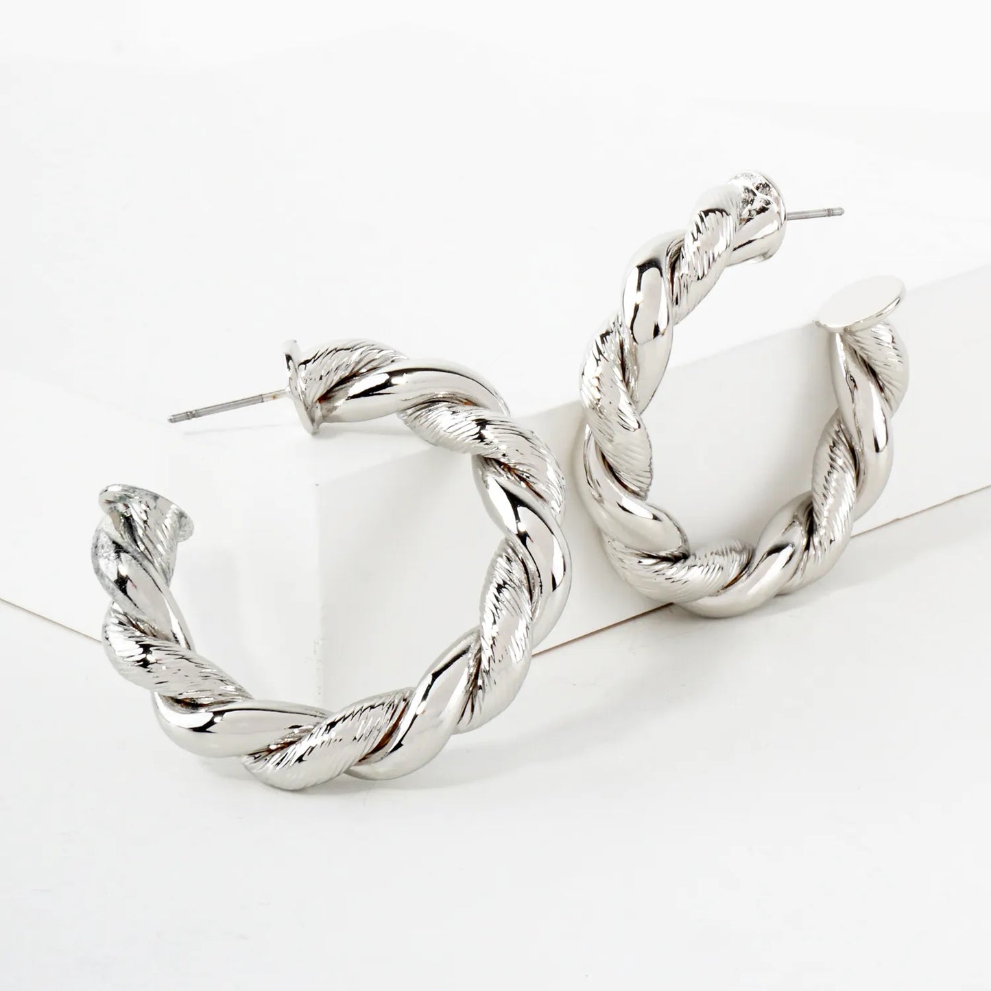 Polished Metal 35mm Twist Push-Back Hoop Earrings