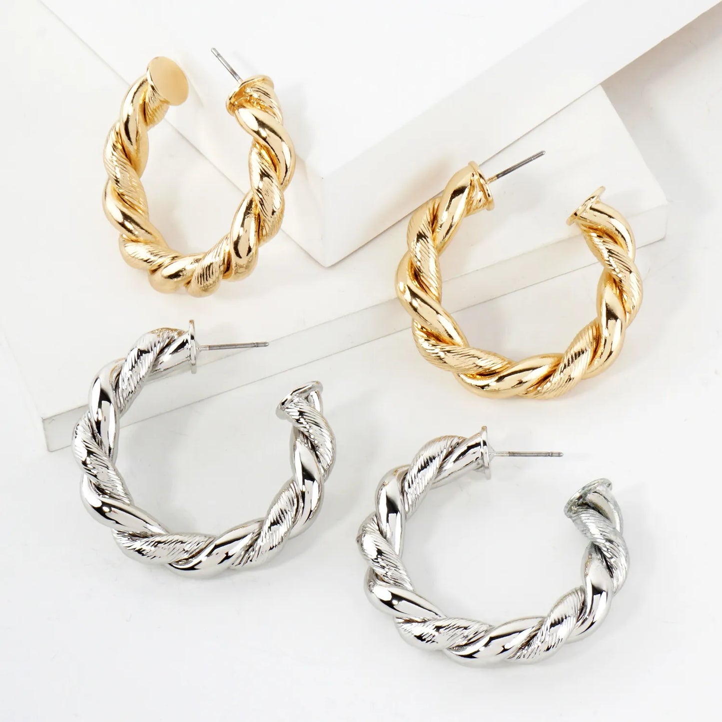 Polished Metal 35mm Twist Push-Back Hoop Earrings