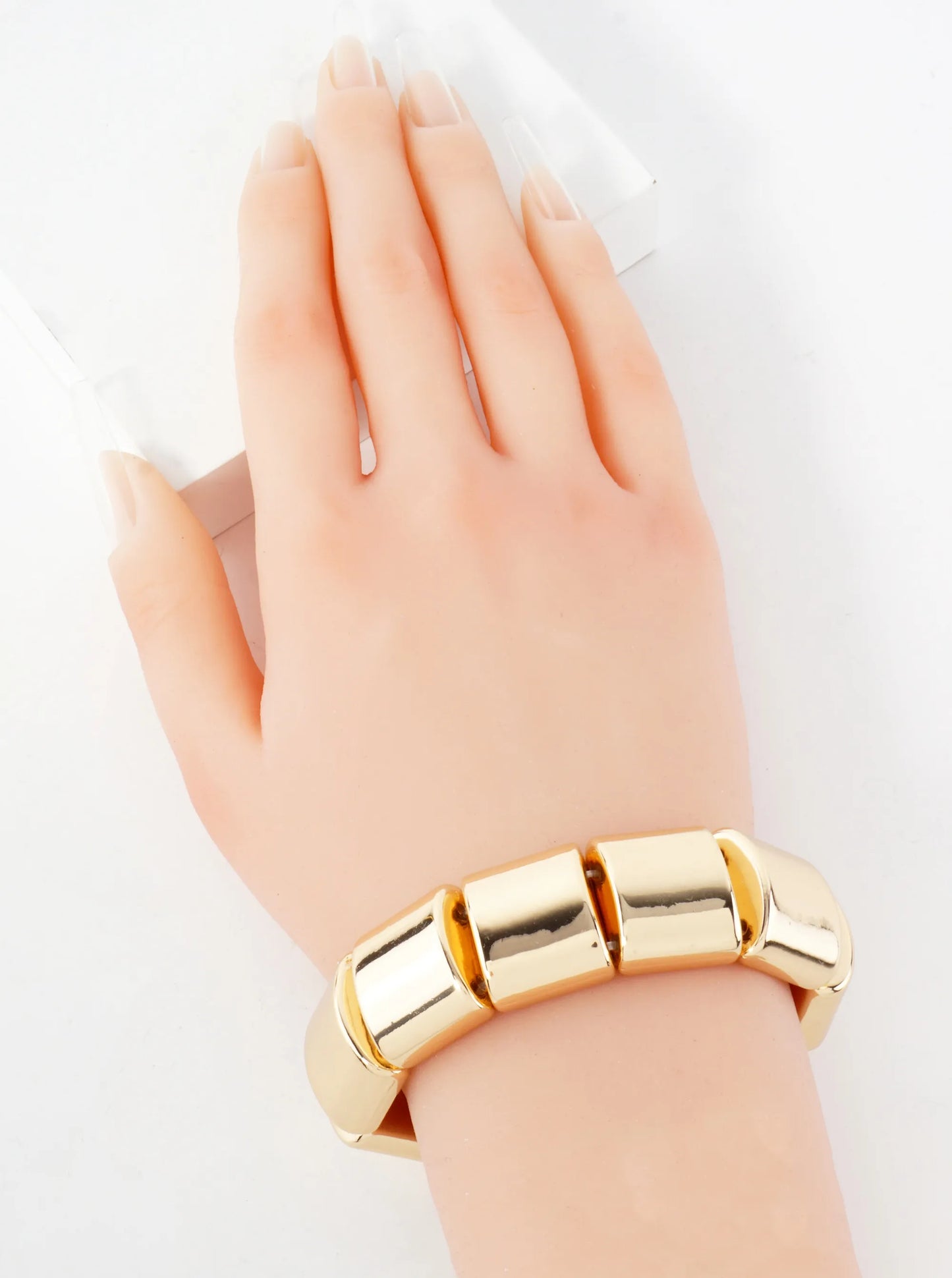 Polished Metal Big Hollow Square Beaded Bold Stretch Bracelet