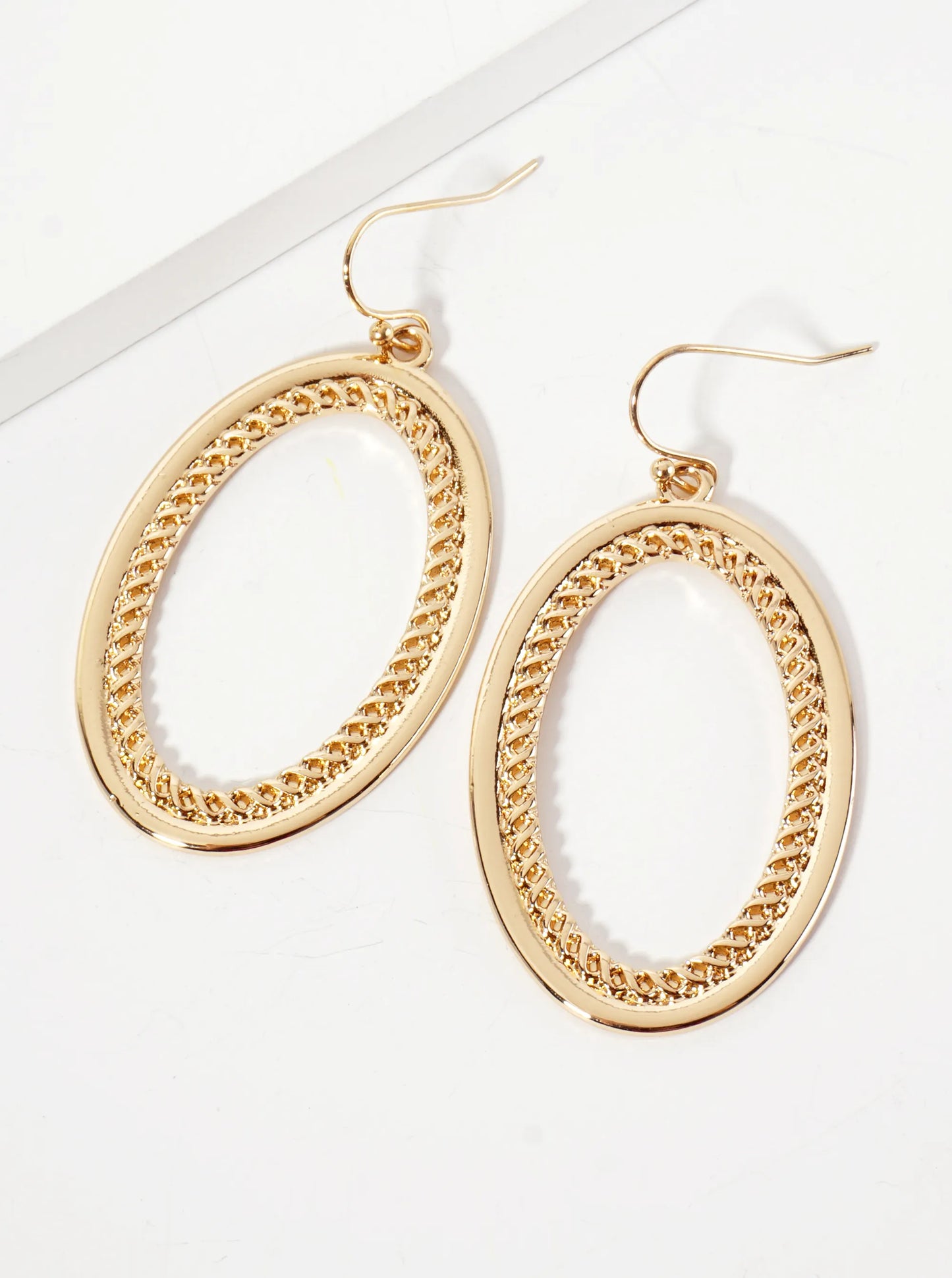 Polished Metal Braided-Texture Oval Dangle Earrings