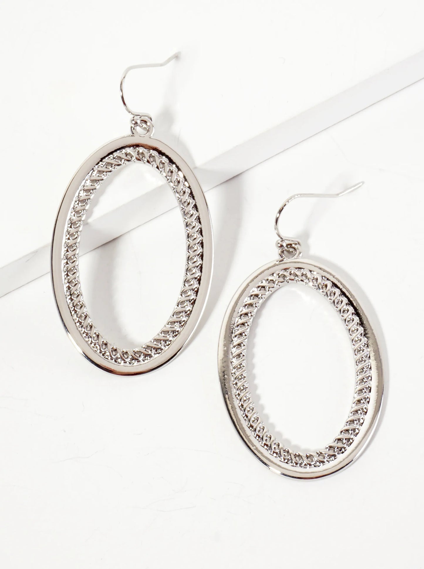 Polished Metal Braided-Texture Oval Dangle Earrings