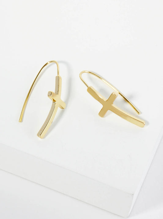 Polished Metal Cross Drop Wire Hook Earrings