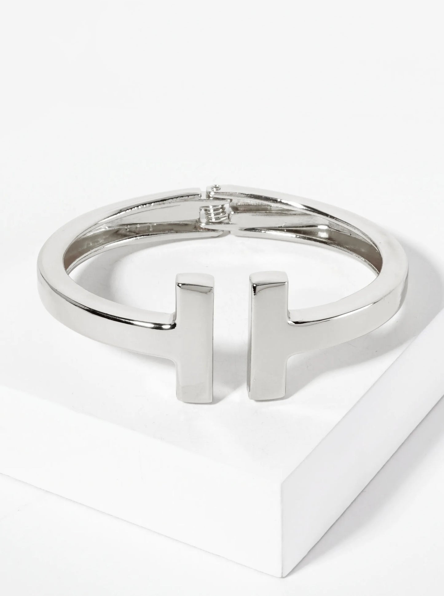 Polished Metal Double-T-Shape Hinged Bangle Bracelet