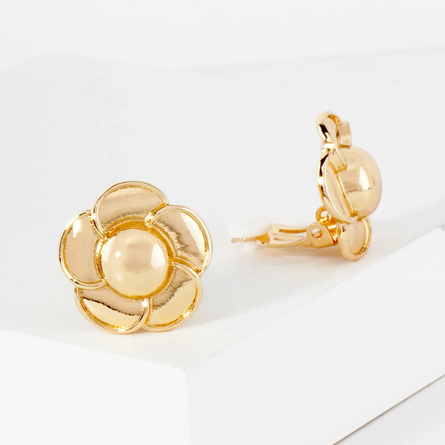 Polished Metal Floral Flower Clip-On Earrings