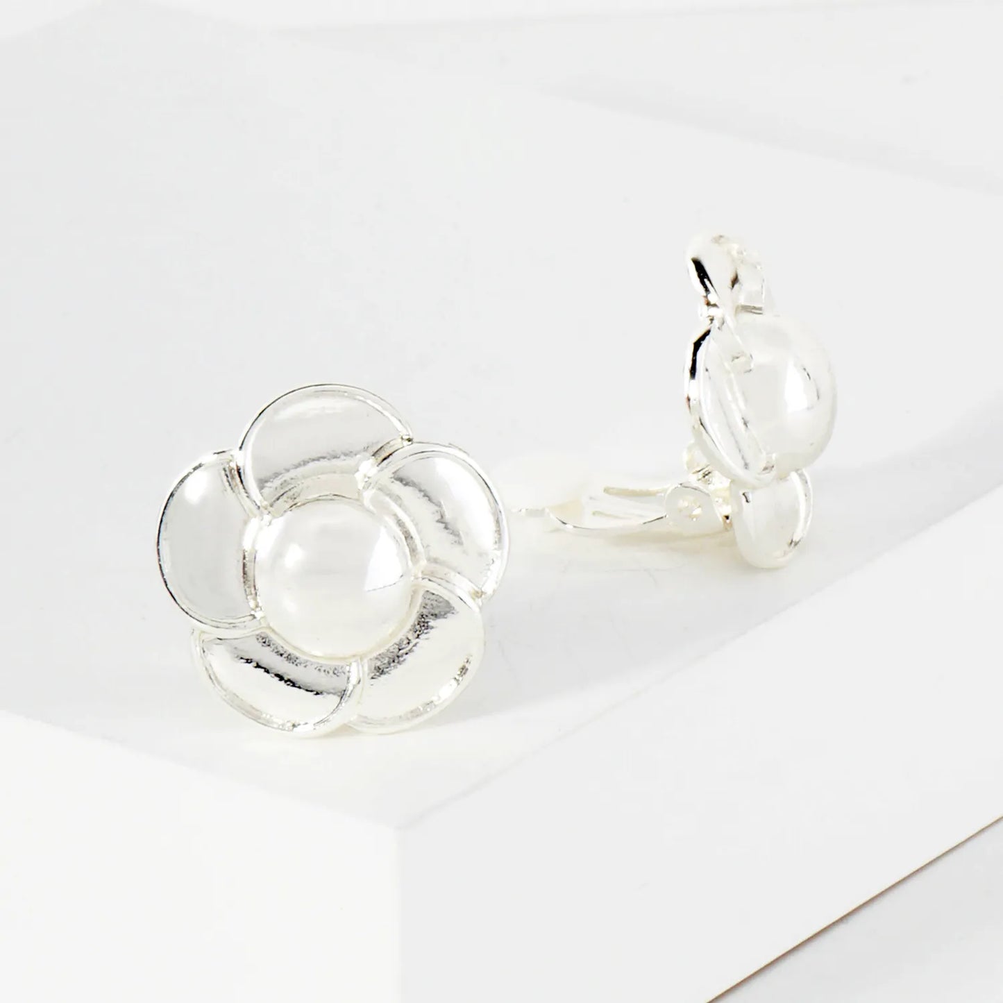 Polished Metal Floral Flower Clip-On Earrings