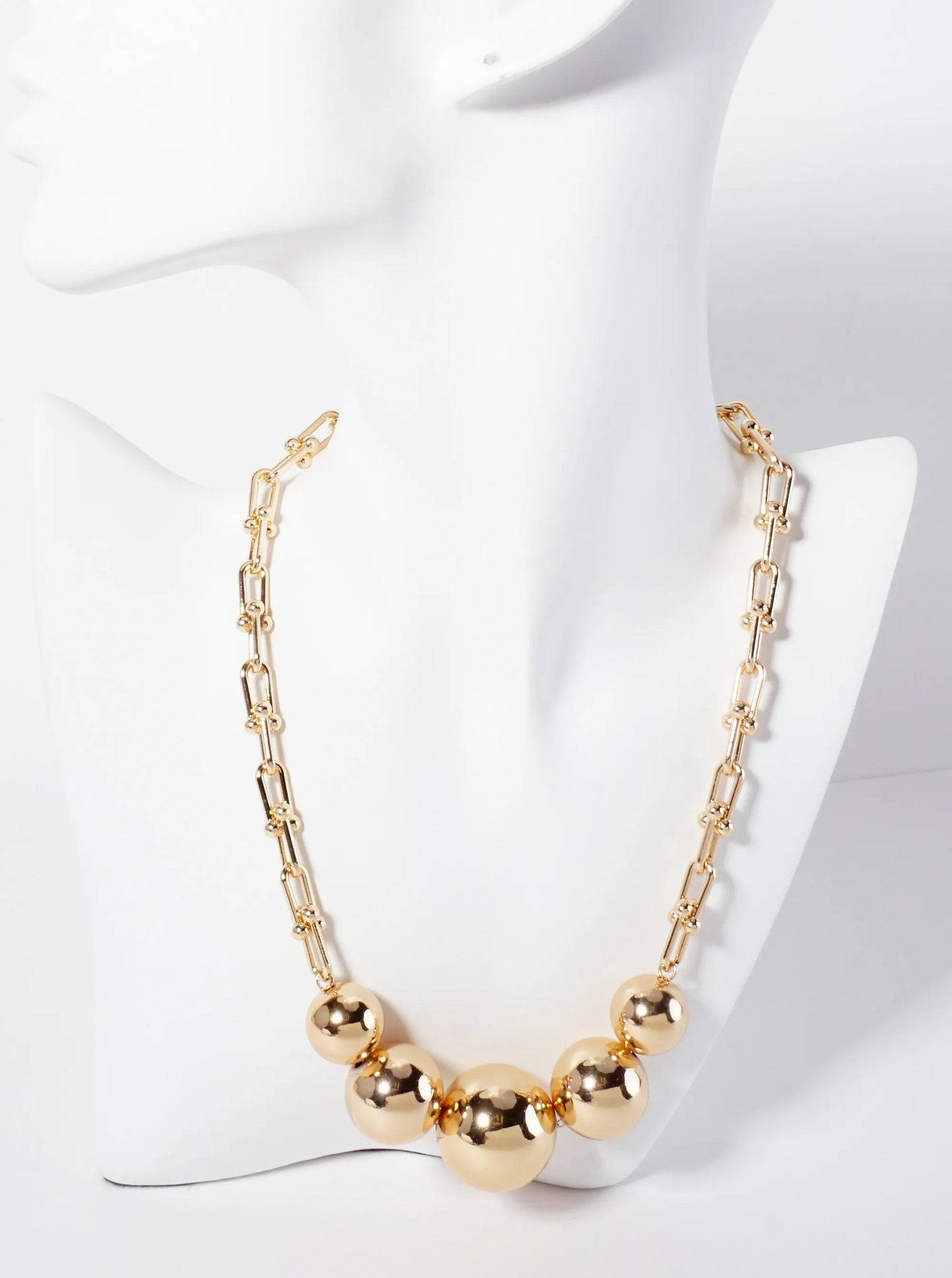 Polished Metal Graduated Hollow Ball-Beaded Hardwear Chain Necklace