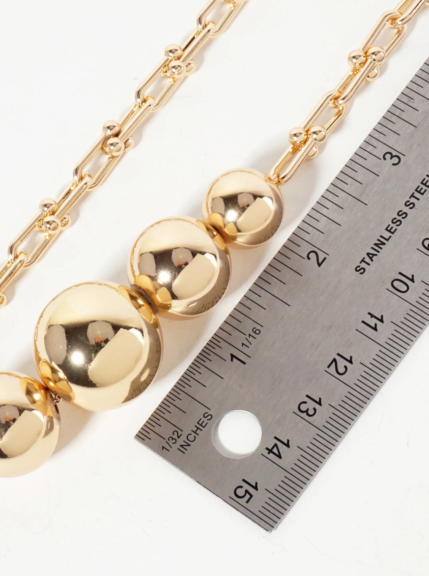 Polished Metal Graduated Hollow Ball-Beaded Hardwear Chain Necklace