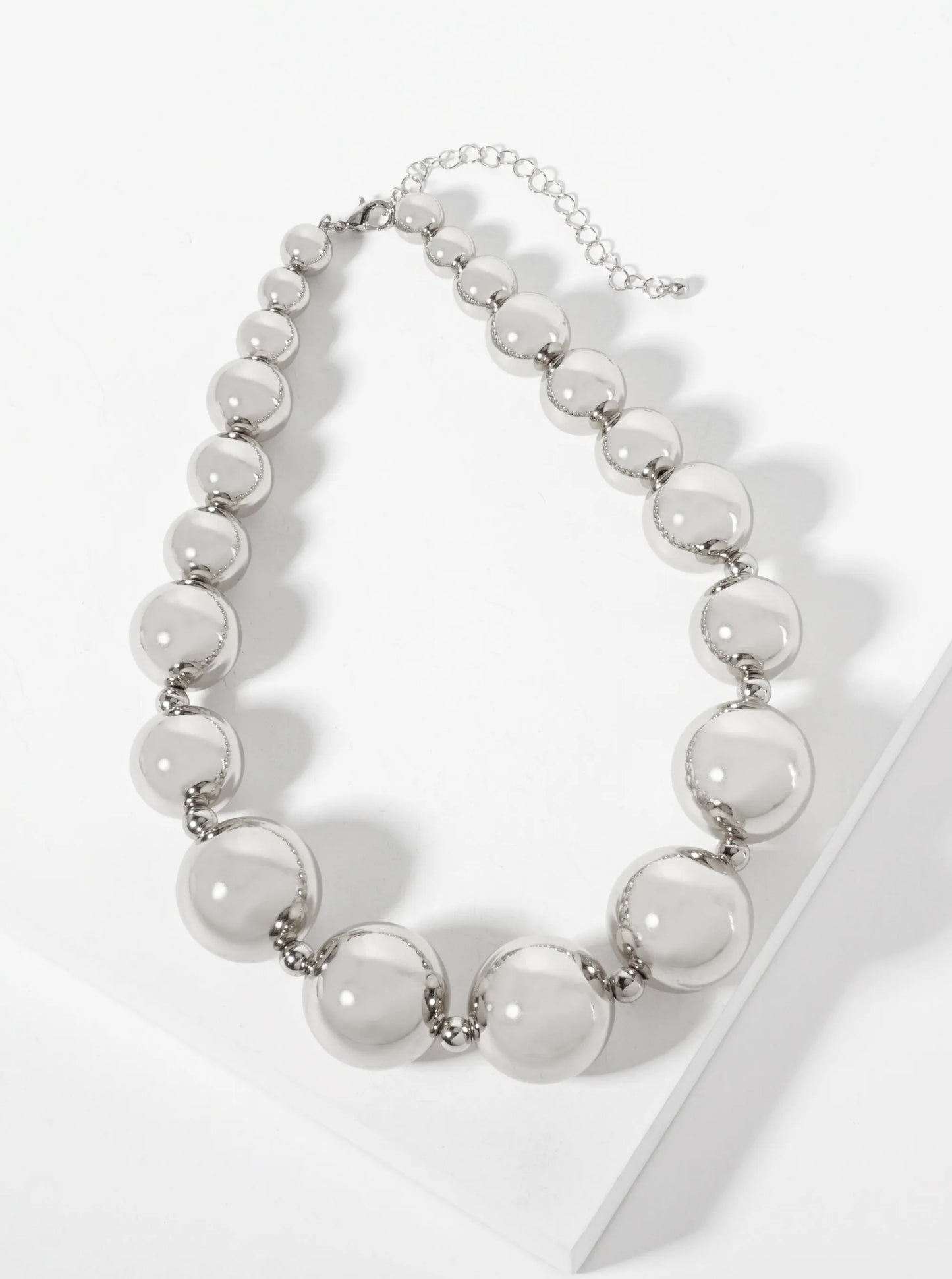 Polished Metal Graduated Hollow Metallic-Beaded Statement Necklace