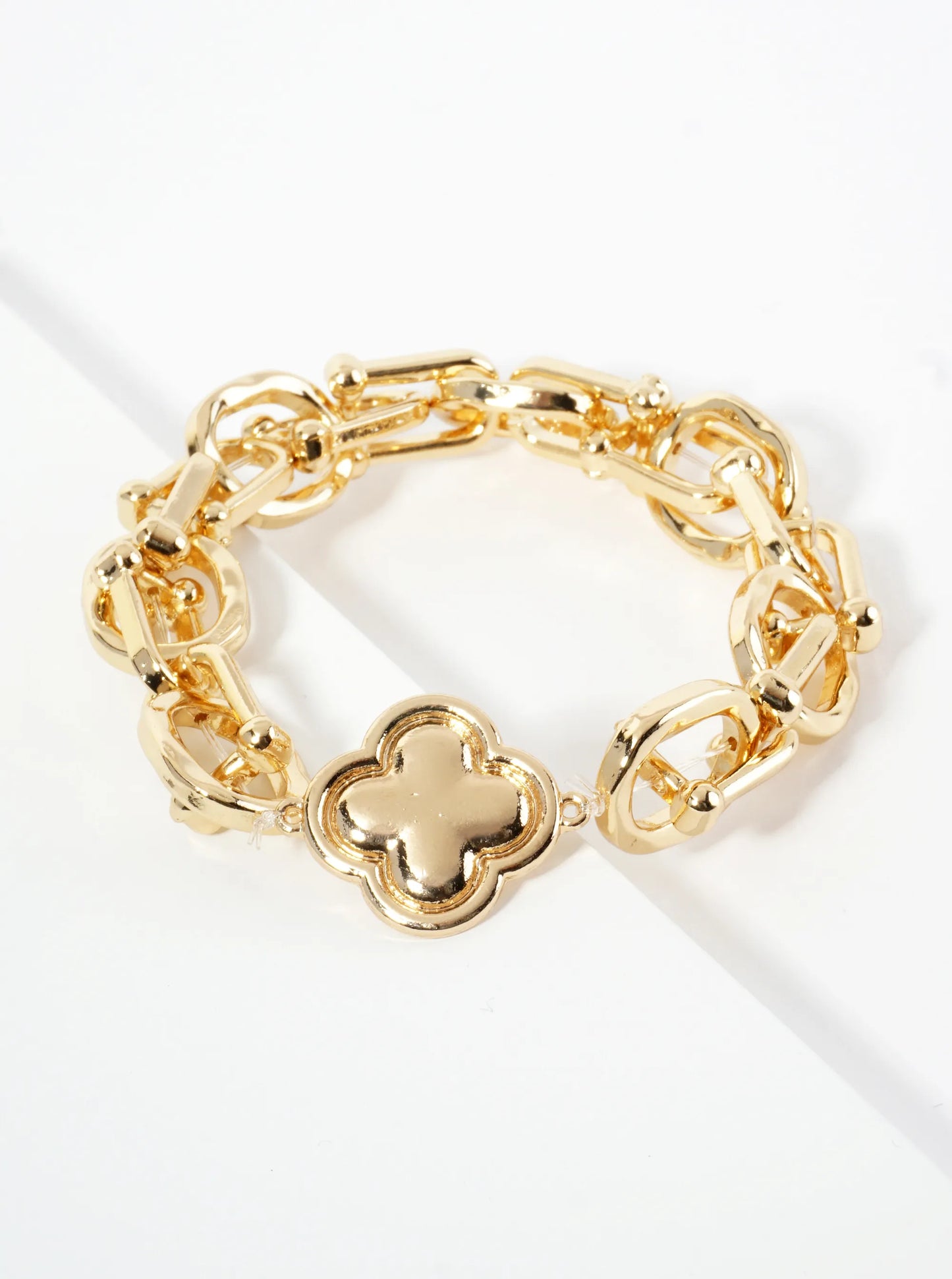 Polished Metal HardWear Chain Stretch Bracelet With Quatrefoil Accent