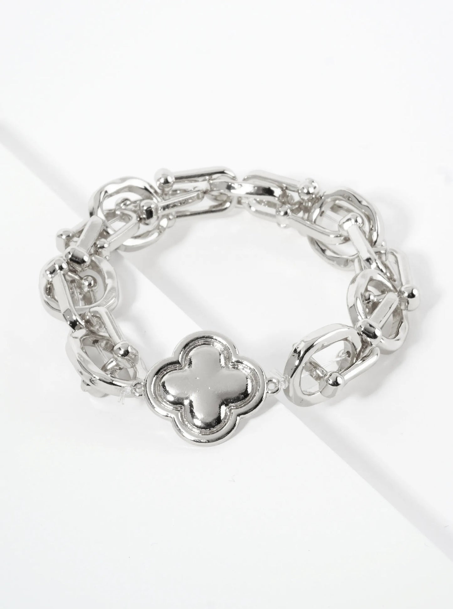 Polished Metal HardWear Chain Stretch Bracelet With Quatrefoil Accent
