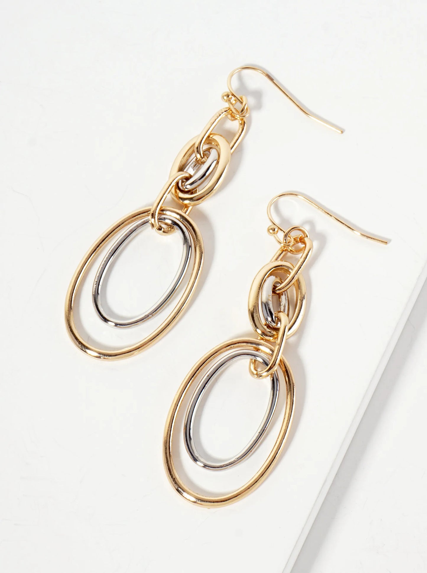 Polished Metal Interlocking Double Oval Drop Dangle Earrings
