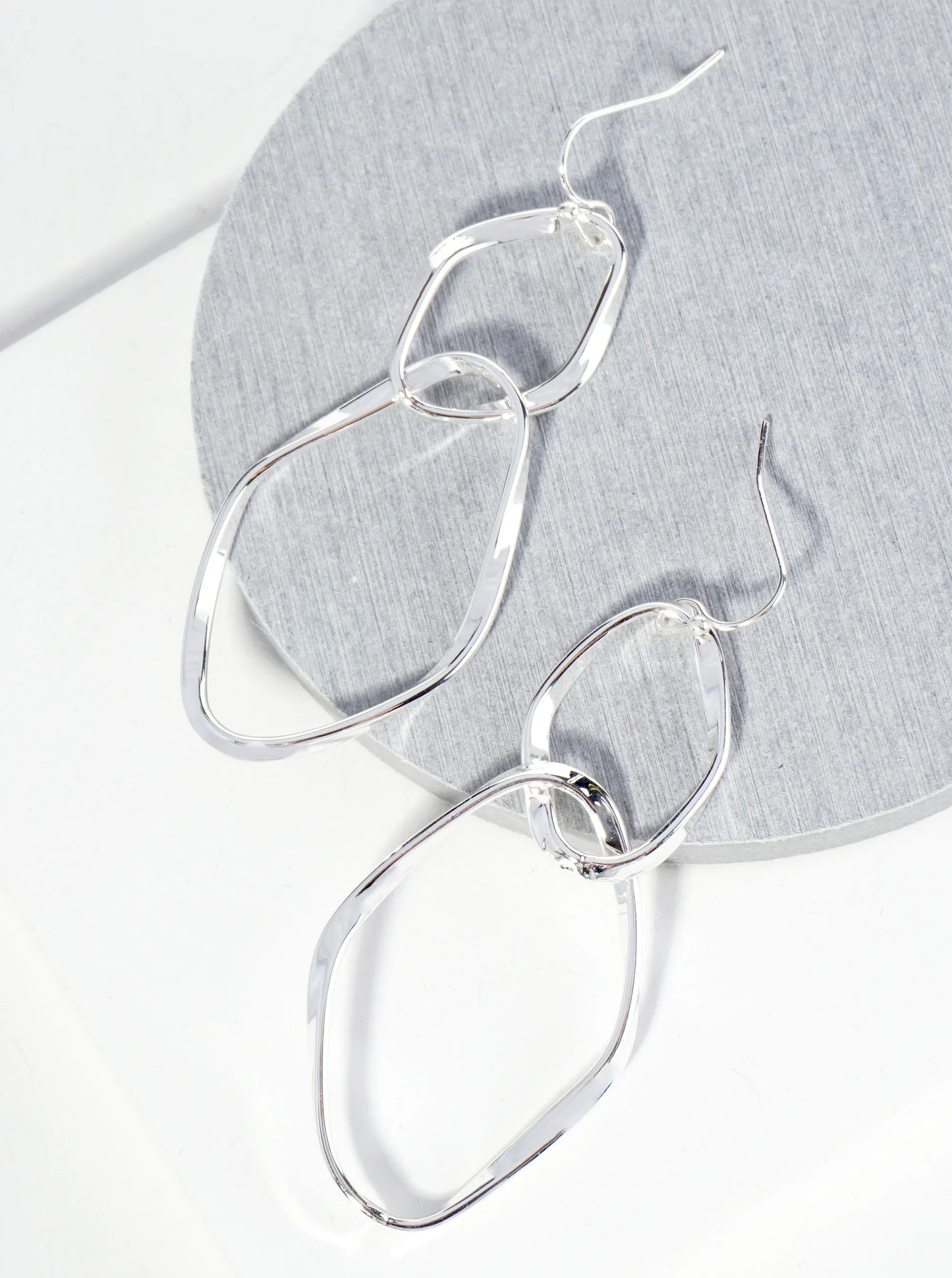 Polished Metal Interlocking Twisted Double Oval Dangle Earrings
