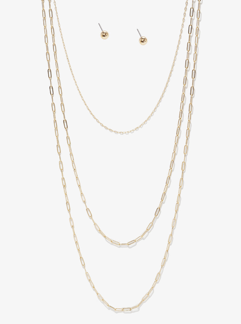 Polished Metal Layered Chain Long Necklace Set With Earrings