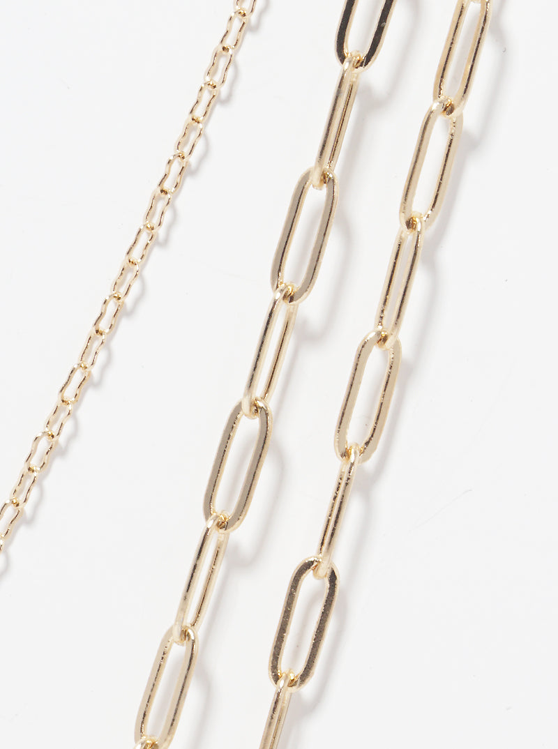 Polished Metal Layered Chain Long Necklace Set With Earrings