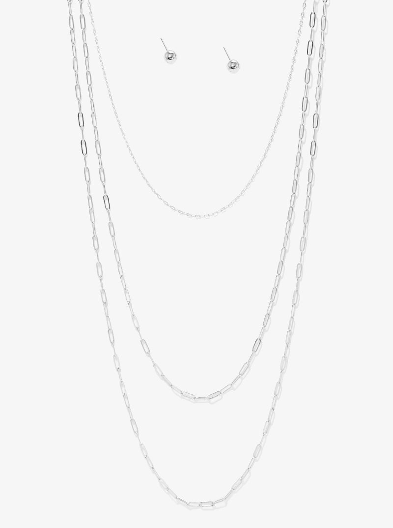 Polished Metal Layered Chain Long Necklace Set With Earrings