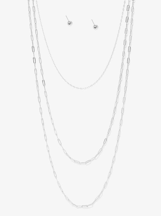 Polished Metal Layered Chain Long Necklace Set With Earrings
