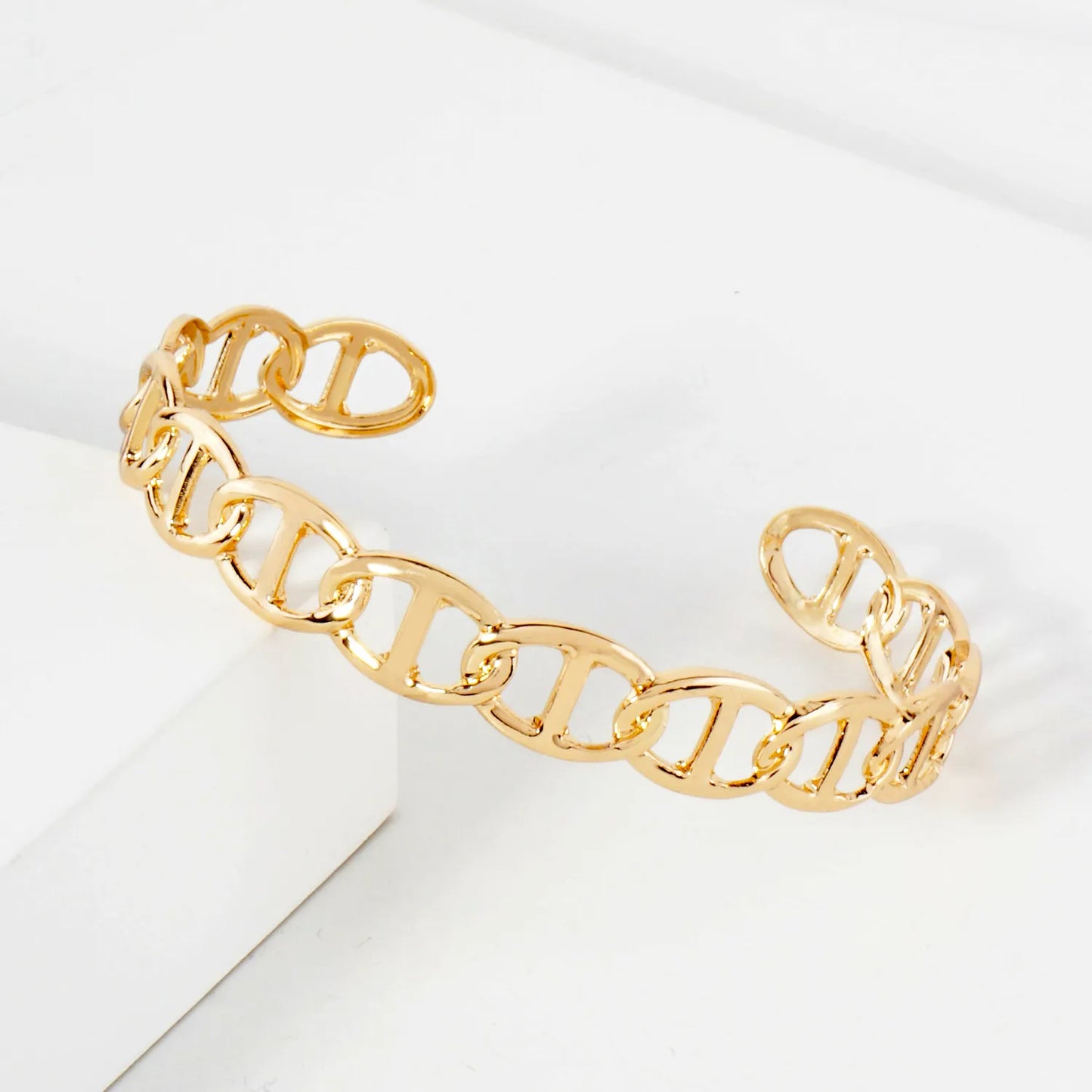 Polished Metal Mariner-Chain Open Cuff Bracelet