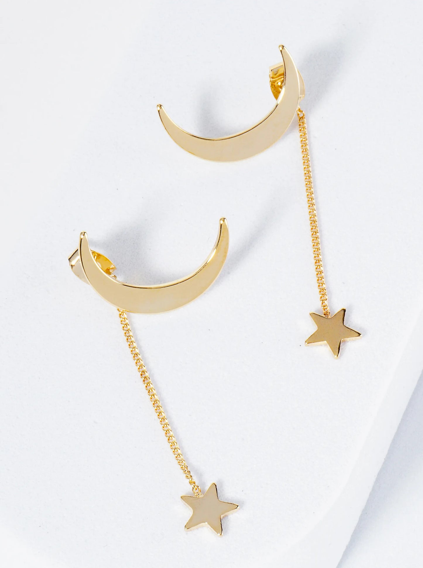 Polished Metal Moon Stud Earrings With Star Chain Drop