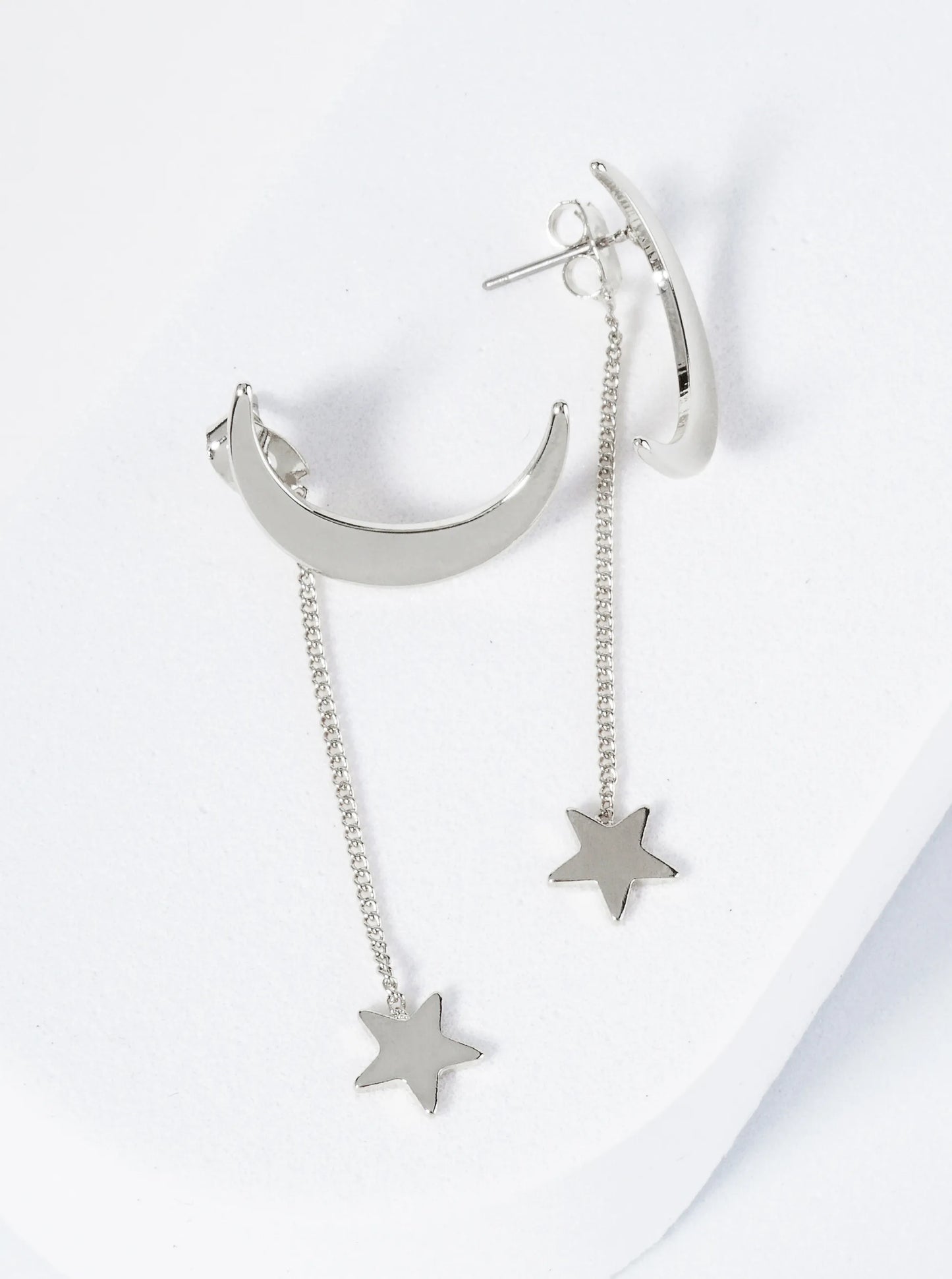 Polished Metal Moon Stud Earrings With Star Chain Drop