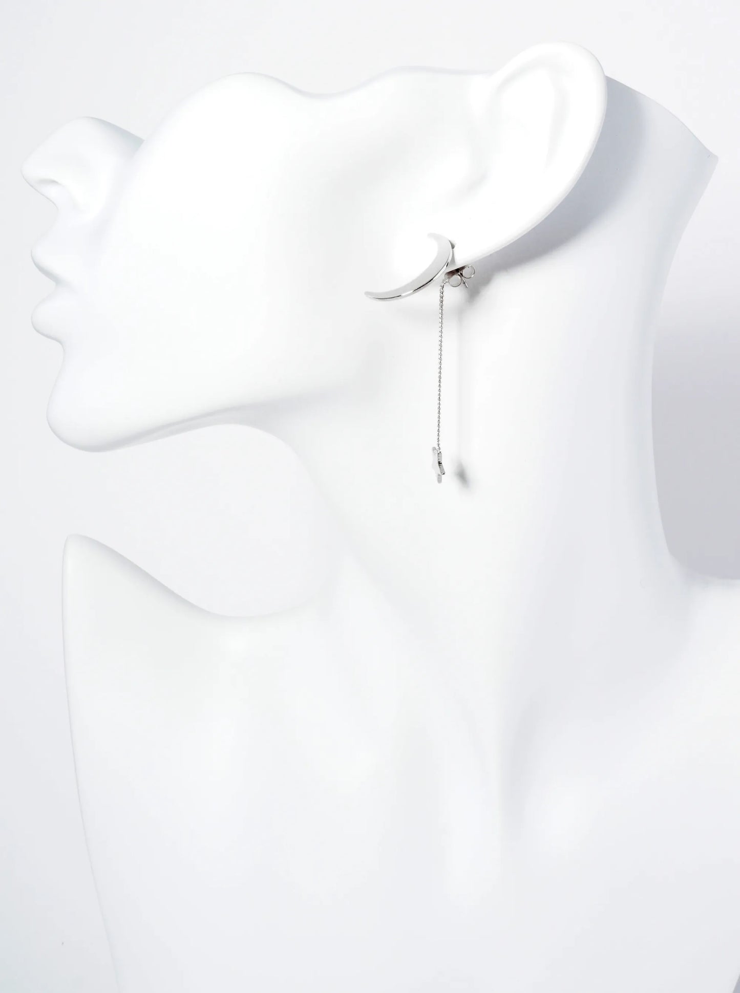 Polished Metal Moon Stud Earrings With Star Chain Drop