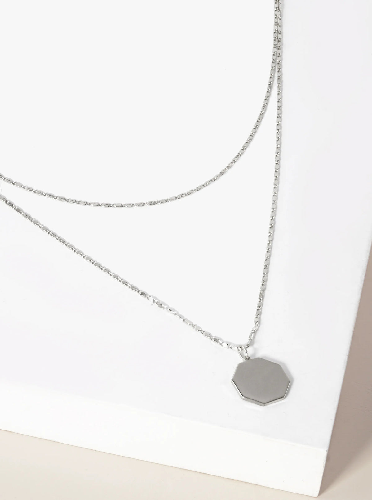 Polished Metal Octagon Pendant Layered Necklace