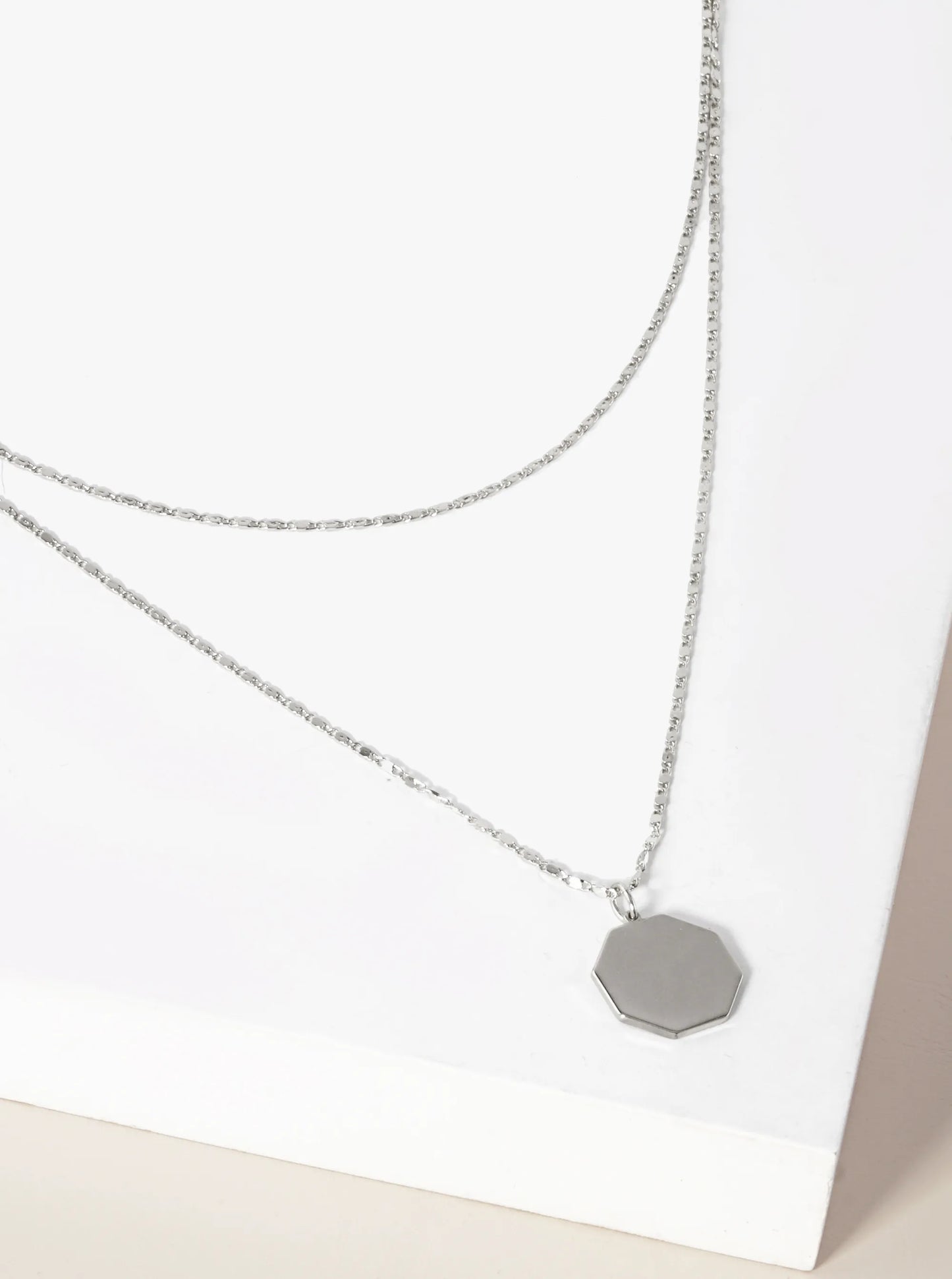 Polished Metal Octagon Pendant Layered Necklace
