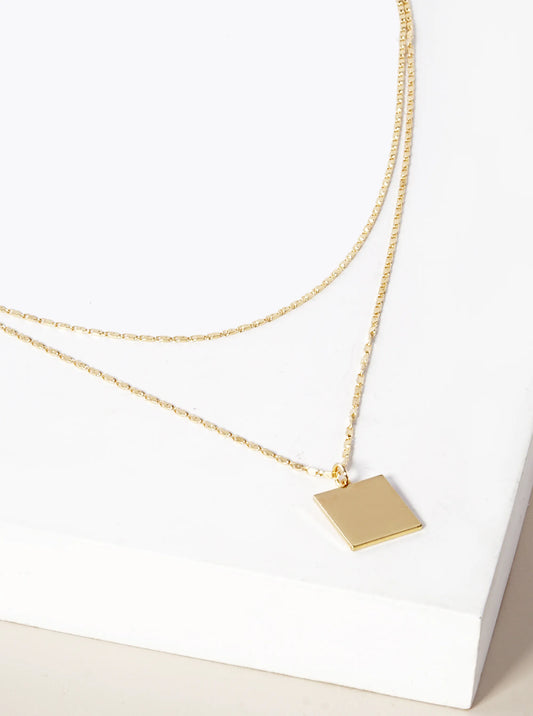 Polished Metal Square Pendant Layered Necklace