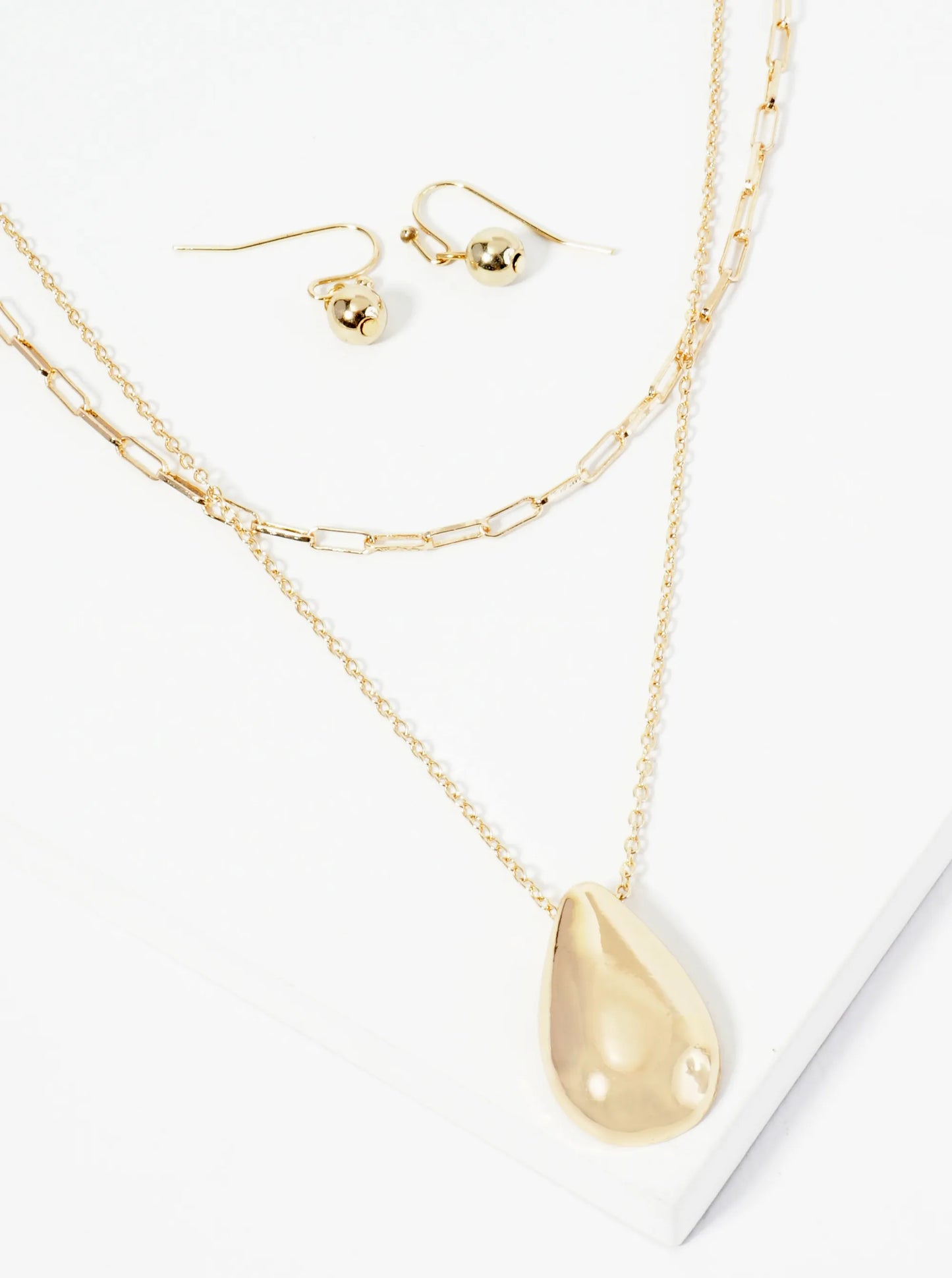 Polished Metal Teardrop Pendant Layered Necklace Set With Earrings