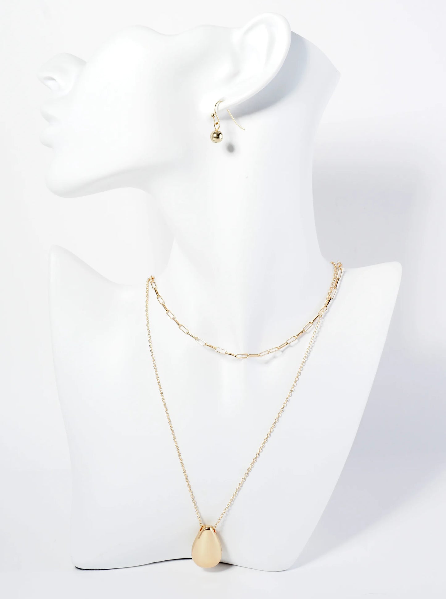 Polished Metal Teardrop Pendant Layered Necklace Set With Earrings