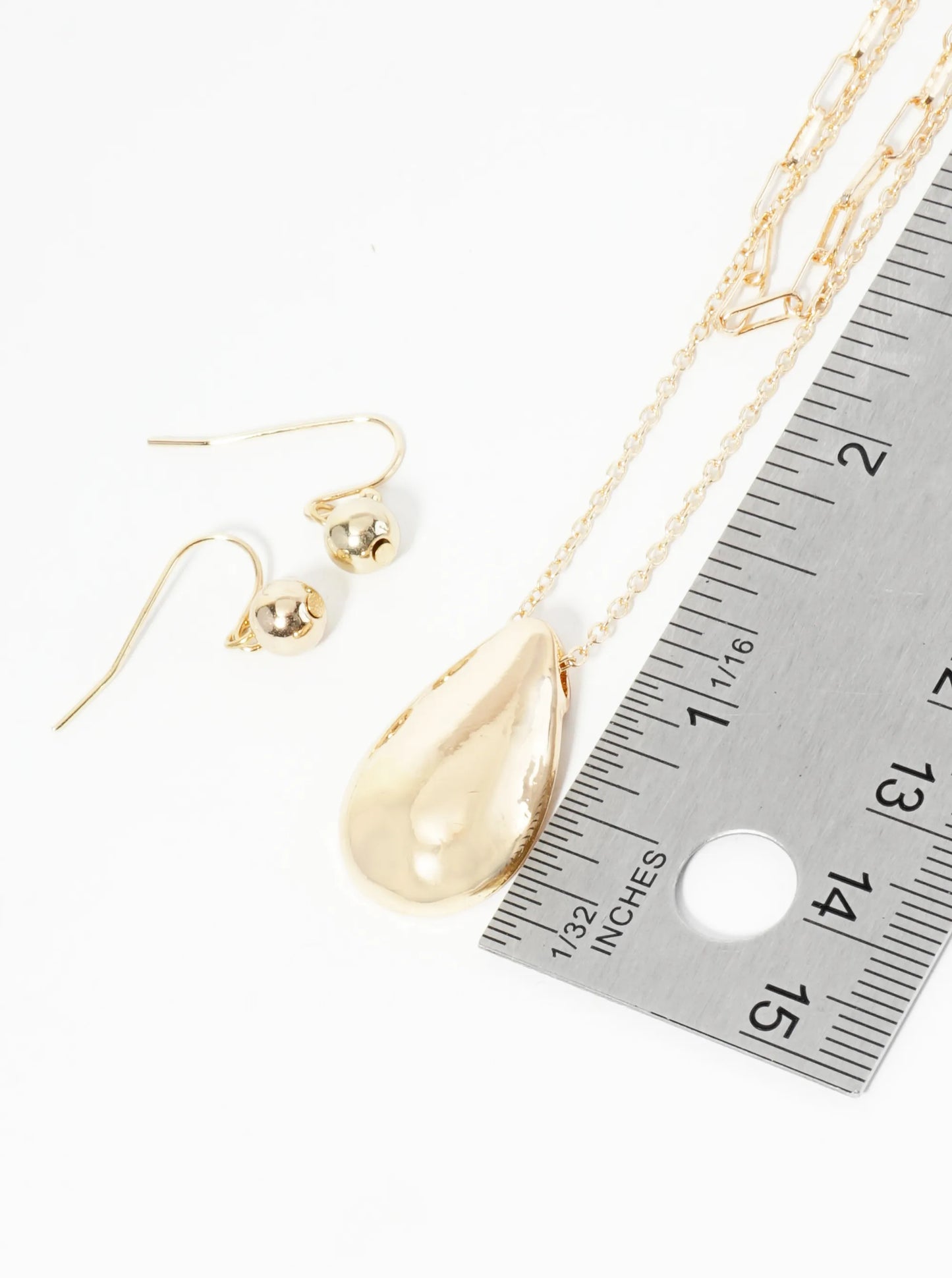 Polished Metal Teardrop Pendant Layered Necklace Set With Earrings