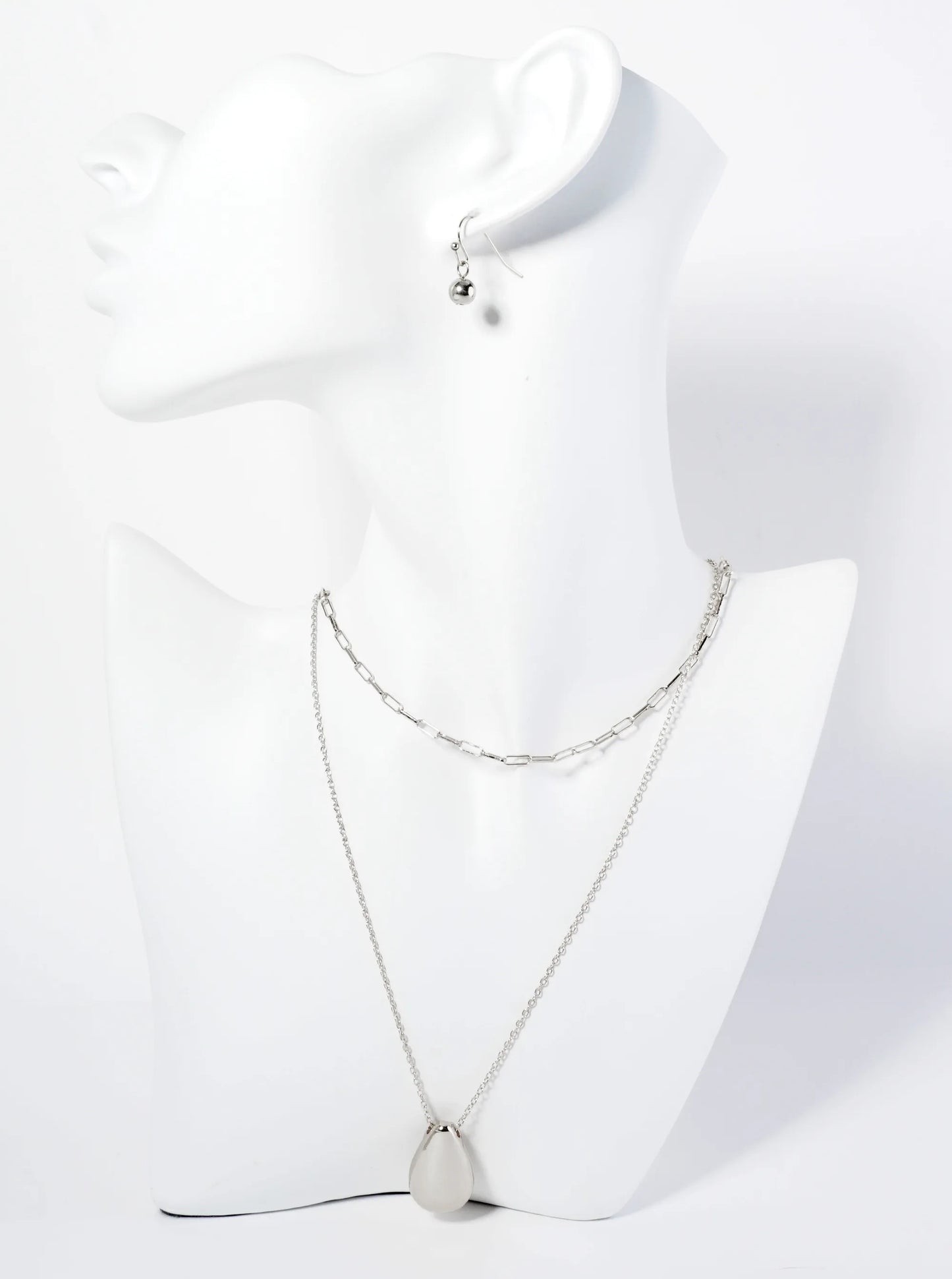 Polished Metal Teardrop Pendant Layered Necklace Set With Earrings