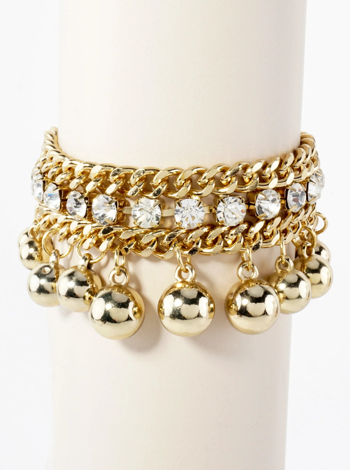 Polished Metal Toggle Bracelet With 4-Prong Rhinestone Accents Graduated Metallic Ball Charms