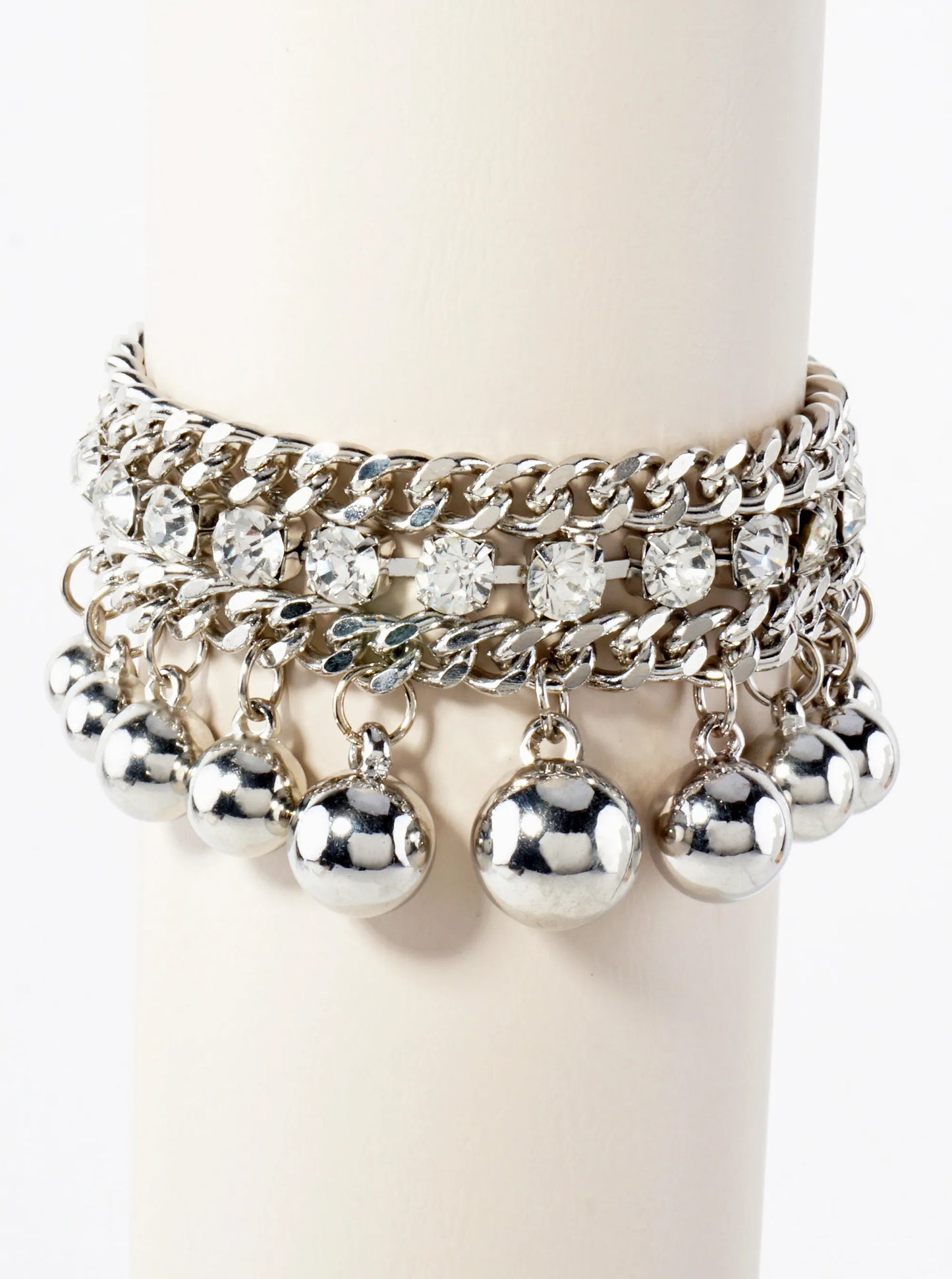Polished Metal Toggle Bracelet With 4-Prong Rhinestone Accents Graduated Metallic Ball Charms