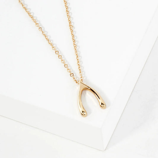 Polished Metal Wishbone Pendant Necklace