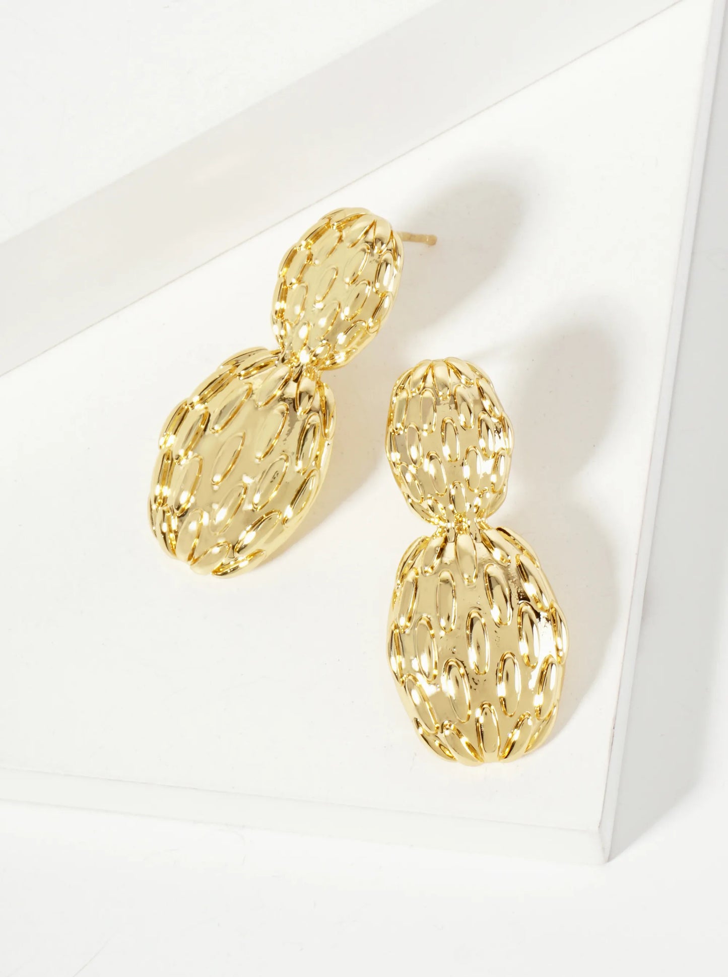 Polished Oval-Texture Peanut-Shaped 18K-Gold-Dipped Brass Earrings