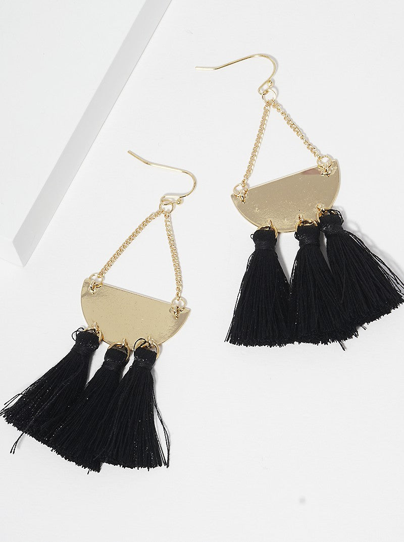 Polished Semicircle With Thread Tassel Drop Earrings