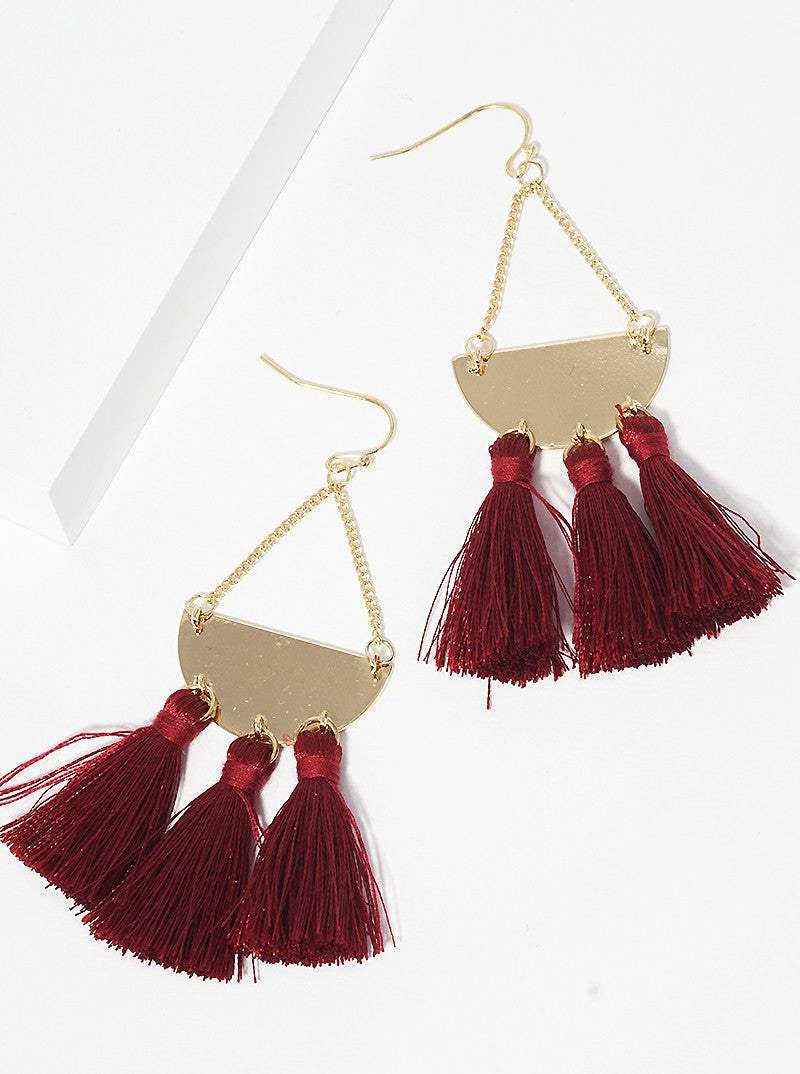 Polished Semicircle With Thread Tassel Drop Earrings